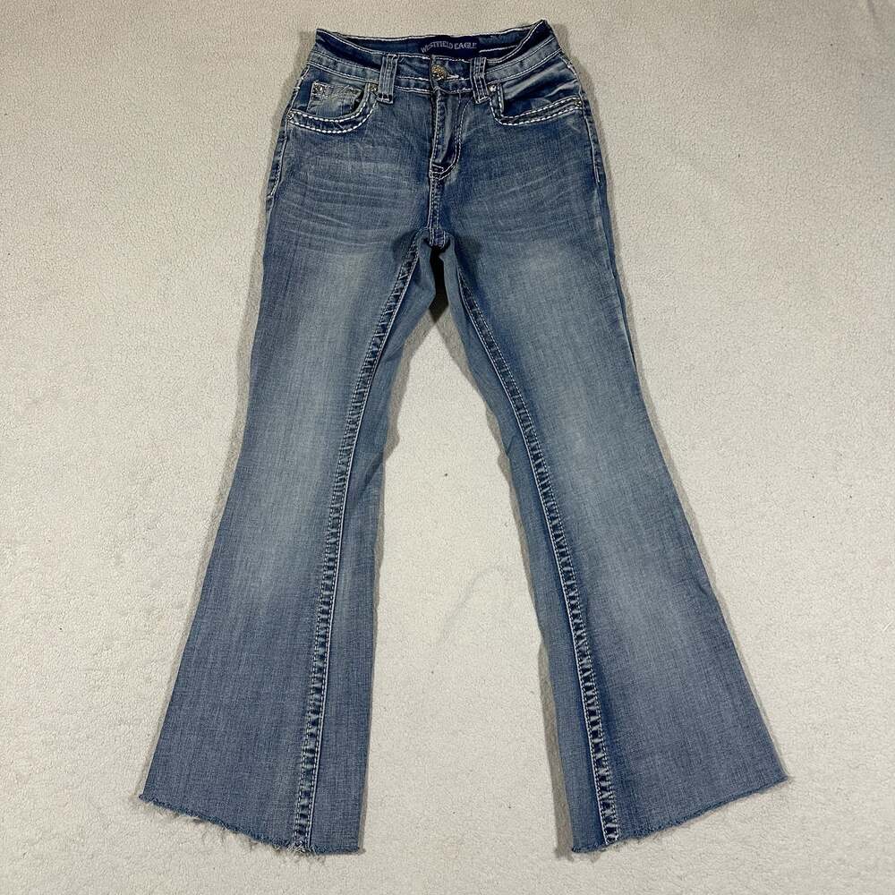Westfield Eagle Size 00 Y2K Rhinestone Embroidered Flare Jeans Raw Hem Western